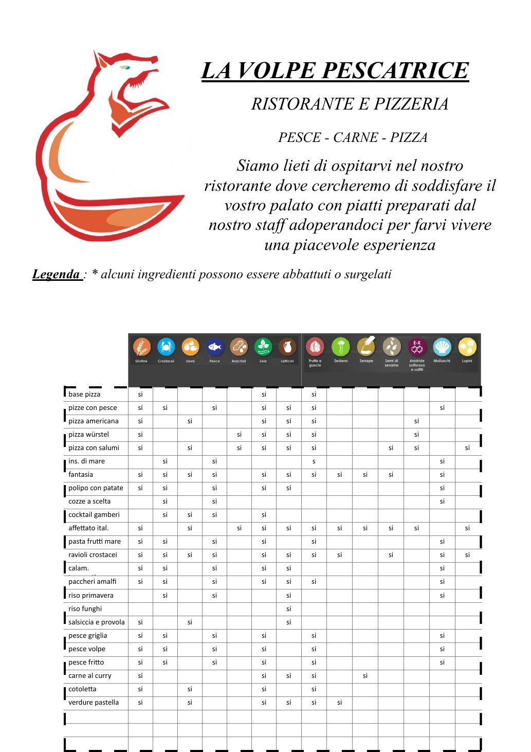 Menù La Volpe Pescatrice - pagina 1: copertina e allergeni