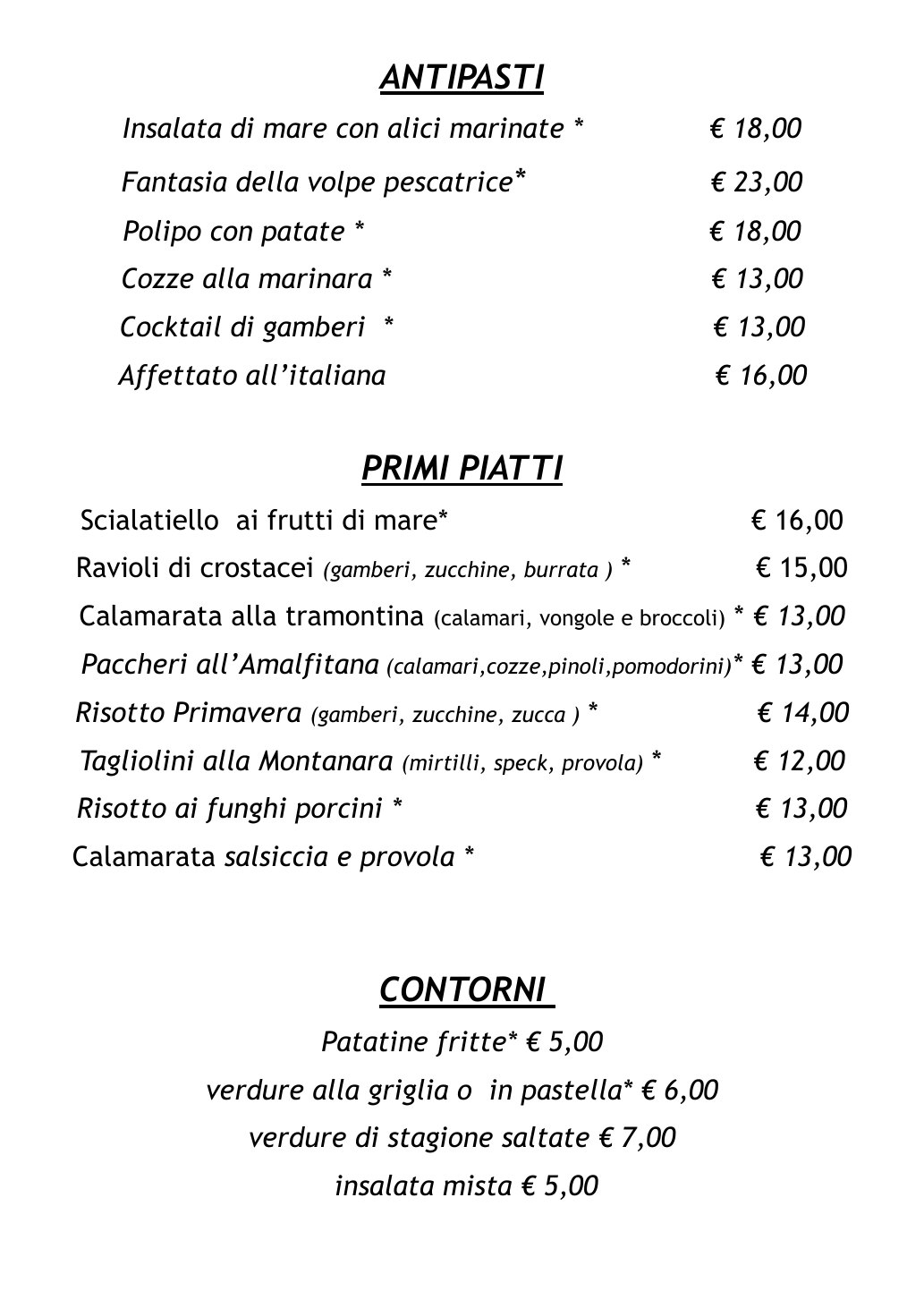 Menù La Volpe Pescatrice - pagina 5: antipasti, primi e contorni