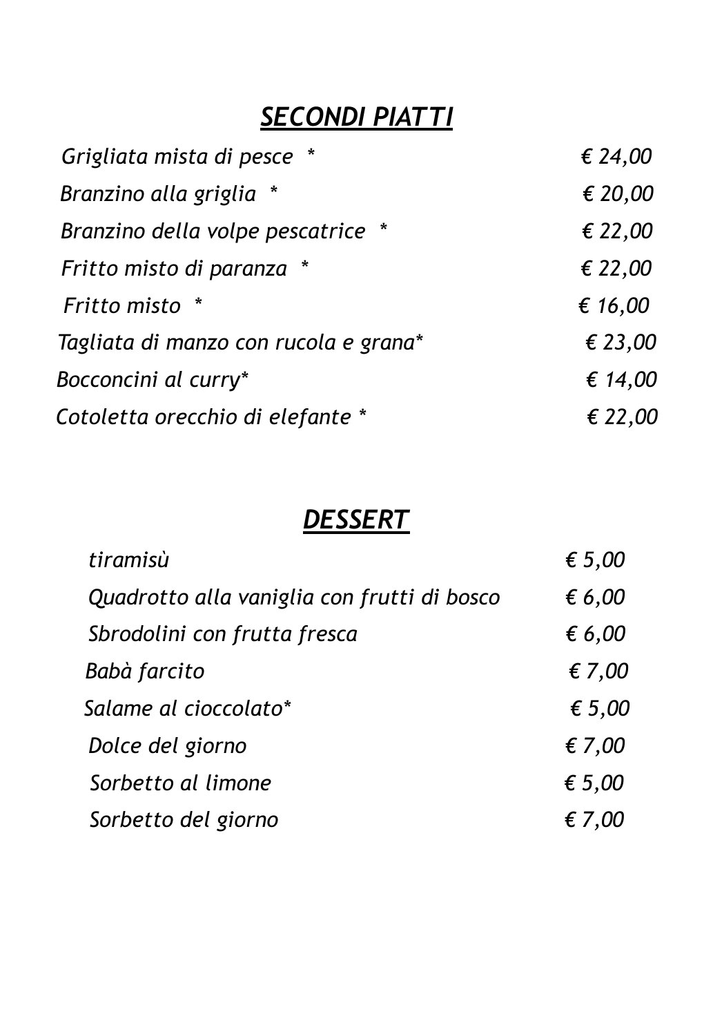 Menù La Volpe Pescatrice - pagina 6: secondi e dessert