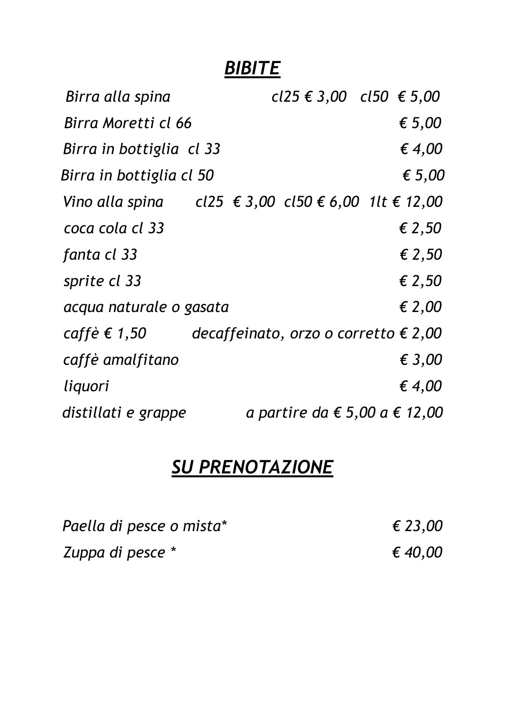Menù La Volpe Pescatrice - pagina 7: bibite e piatti su prenotazione